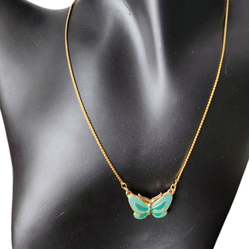 Butterfly Pendant Light Green and Gold Enameled with Rhinestone Accents